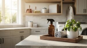 Rounded walnut wood vanity tray holding an amber glass spray bottle with black trigger, a rolled grey waffle-weave towel, and a potted pilea plant on a polished light grey quartz countertop in a sunlit laundry and mudroom with custom white shaker cabinets
