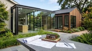Rolled and flat architectural blueprints, a triangular scale ruler, a drafting pen, and a miniature timber house model staged on an outdoor concrete dining table overlooking a modern glass conservatory kitchen pavilion and an adjoining cedar-clad guest ADU with a standing-seam metal roof in a lush garden