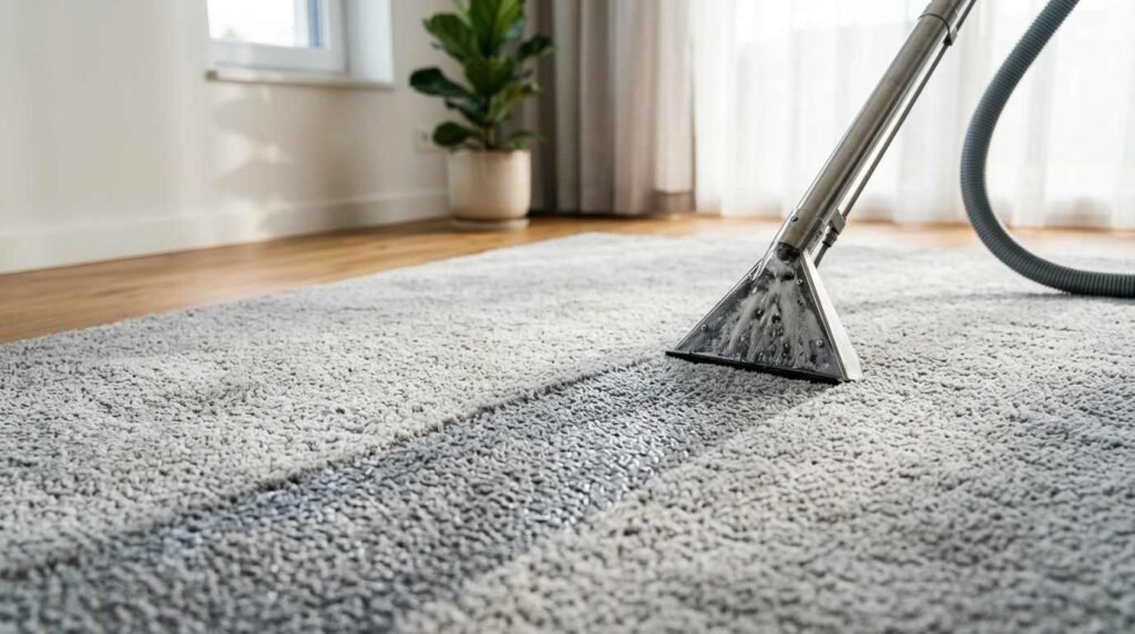 Commercial hot water carpet extractor wand with a clear viewing nozzle actively extracting suds and water along a defined cleaning path on a light grey plush shag area rug over natural hardwood floors in a sunlit modern living room
