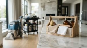 Natural wood cleaning caddy with amber glass pump bottles, microfiber cloths, and a wooden scrub brush on a white marble kitchen island in sharp foreground, contrasted with a commercial carpet extractor machine and rolling janitorial supply cart blurred in the living room background