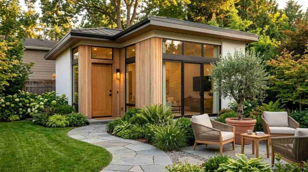 Modern detached granny flat ADU featuring white stucco and vertical cedar timber cladding, flat overhanging roofline with dark fascia, black-framed sliding glass patio doors, and natural wood entry door opening onto a flagstone paver walkway and landscaped backyard patio with woven outdoor armchairs and a potted olive tree
