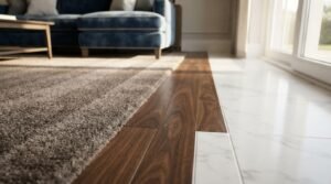 Low-angle close-up of three distinct flooring surfaces meeting seamlessly in a bright modern living room: a plush textured beige area rug, rich walnut hardwood planks with flowing cathedral wood grain, and polished white Carrara marble floor tiles extending toward a sunlit glass patio door beside a blue velvet sectional sofa