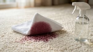 Folded white microfiber cloth lifting a deep red wine spill from a plush cream-colored carpet through gentle blotting, positioned beside a clear glass trigger spray bottle filled with cleaning solution in soft natural light