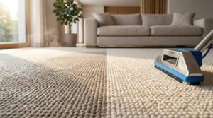 Commercial steam carpet cleaning wand with a stainless steel and blue brush head cleaning a textured loop-pile wool carpet, demonstrating a stark contrast between a soiled grey section releasing rising vapor and a bright, cleaned cream stripe in a modern living room