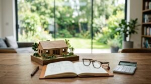 Detailed miniature scale model of a modern timber cabin on an oak desk beside an open leather notebook with handwritten budget estimates and floor plan sketches, tortoiseshell reading glasses, a wood pen, and an electronic calculator showing construction figures in front of floor-to-ceiling glass sliding doors overlooking a sunlit garden