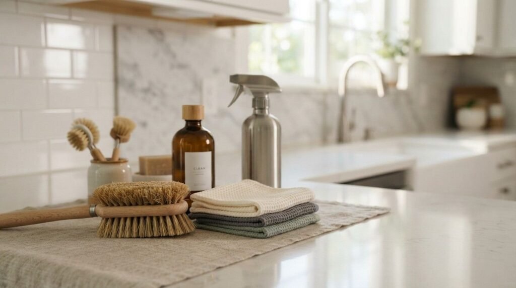 Eco-friendly kitchen cleaning set arranged on a woven linen mat over a white quartz countertop, featuring a wooden handheld scrubbing brush, stacked waffle-weave microfiber cloths, an amber glass bottle with a wood cap, a brushed stainless steel spray bottle, and small round dish brushes in a ceramic crock with a subway tile backsplash and kitchen sink in the background