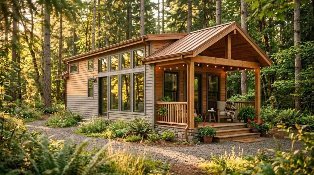 Contemporary park model tiny home cabin nestled in a sunlit pine forest with a standing-seam copper metal roof, two-tone natural cedar and grey horizontal lap siding, raised stacked-stone foundation, timber-framed covered front porch illuminated by bistro string lights, and oversized black-trimmed picture windows facing a gravel driveway and native fern garden