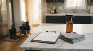 A wooden clipboard with blank checklist sheets, a folded grey microfiber cloth, and an amber glass spray bottle on a polished white Carrara marble kitchen island in sharp foreground, with a commercial rolling mop bucket and work boots blurred in the background