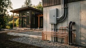 Surface-mounted exterior electrical subpanel box with conduit feeds, alongside exposed copper plumbing risers, shutoff valves, and black insulated refrigerant line sets fixed to an architectural board-formed concrete foundation wall beside gravel walkways on an active modern ADU residential building site