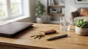 Set of brass house keys on a loop leather keychain, a dark metal ballpoint pen, a closed brown leather folio notebook, a glass of water, and a potted succulent arranged on a warm natural oak desk in a sunlit modern residential office