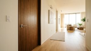 Minimalist modern residential hallway featuring a floor-to-ceiling rich walnut wood door with satin nickel lever handle, wide-plank light oak flooring, neutral textured runner rug, wall art with picture light, and a sightline opening into a sunlit open-concept living room with full-height windows and shear curtains