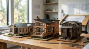 Three detailed architectural scale models representing different compact housing typologies—a single-story modular cottage, a modern cedar-clad ADU with skillion roof and raised deck, and a rustic tiny house on wheels—staged on an oak studio desk alongside drafting tools and architectural blueprints