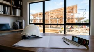 White safety hard hat, unrolled construction blueprint, triangular scale ruler, technical pen, and digital handheld laser distance meter resting on a wooden site office desk in front of large black-framed windows overlooking a two-story timber-framed house under construction with scaffolding
