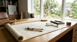 Unrolled architectural blueprint titled "PROPOSED DEVELOPMENT – SITE PLAN" weighted by cylindrical brass paperweights on an executive oak desk, featuring a vintage brass drafting compass, tortoiseshell reading glasses, fountain pen, and leather notebook in a bright home office overlooking a suburban garden through bay windows