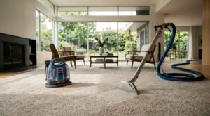 Direct equipment comparison on a textured beige residential carpet between a compact portable blue consumer spot cleaner on the left and a commercial dual-bend stainless steel hot water extraction wand with heavy-duty blue vacuum hose on the right, staged in an open-concept modern living room with glass patio walls