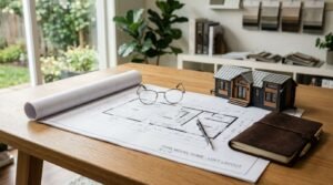 Open architectural blueprint titled "PARK MODEL HOME – LOFT LAYOUT" unrolled across a solid oak desk, weighted by round wireframe eyeglasses, a mechanical drafting pencil, and a leather notebook, next to a detailed miniature scale model of a modern gabled tiny cabin with a bright garden window view