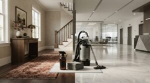 Commercial backpack canister vacuum, amber glass spray bottle, and stack of folded microfiber cloths positioned squarely across a threshold transition dividing a traditional residential entryway with hardwood floors and staircase on the left from a modern commercial corporate office with polished white marble floors on the right
