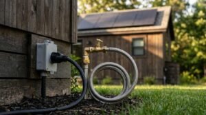 Close-up of exterior utility hookups on a dark timber-clad tiny cabin, featuring a heavy-duty black electrical shore power plug connected to a weatherproof outdoor box beside a brass spigot with a coiled braided stainless steel water supply hose, overlooking a solar-powered guest house across a manicured lawn