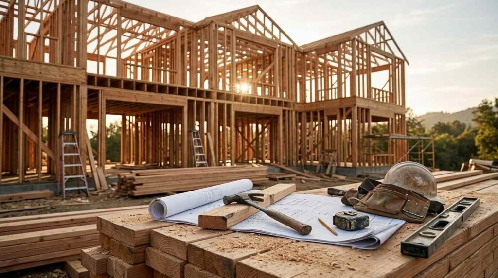 A comprehensive multi-story residential wood-frame construction site bathed in golden afternoon sunlight. In the background, full dimensional lumber framing defines load-bearing wall studs, large window and door rough openings, floor joist assemblies, and steep multi-gable roof rafters, flanked by an A-frame stepladder and scaffolding frames. In the foreground, a large stack of fresh framing lumber serves as a temporary work surface holding unrolled architectural blueprints weighted down by a wood block and a framing hammer, beside a carpenter's pencil, a tape measure, a leather tool pouch, a spirit level, and a weathered hard hat dusted with sawdust.