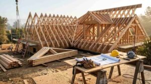 An active residential roof truss erection and framing job site illuminated by soft early-morning light. In the background, a complex roof system featuring prefabricated timber trusses, a valley connection, and a framed dormer window rises atop exterior wall sheathing, flanked by safety scaffolding, an extension ladder, stacks of dimensioned lumber, and a crane hook with rigging straps hoisting materials overhead. In the midground, a stack of triangular timber trusses rests on the ground ready for hoisting. In the foreground, a wooden sawhorse table holds an unrolled set of architectural blueprints, a circular saw, a yellow hard hat, a claw hammer, a tape measure, and a leather tool pouch filled with hand tools.
