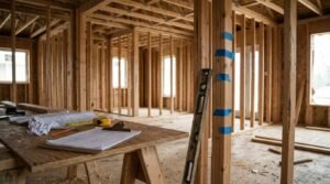 An indoor residential structural framing inspection showing wood stud defects and framing quality assessments. In the foreground, blue painter’s tape strips flag bowed, warped, and uneven vertical 2x4 studs on a partition wall, propped next to a tall aluminum spirit level. To the left, a plywood sawhorse desk holds unrolled construction plans, crumpled site notes, a tape measure, a pencil, and an inspection checklist clipboard. In the background, the subfloor is littered with sawdust and wood offcuts across unfinished framed interior rooms featuring irregular stud spacing, rough window openings, and visible roof truss connections.