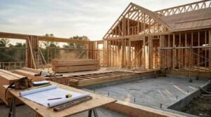 Structural Framing Process.jpg: An active residential timber framing construction site viewed across a concrete foundation slab during golden hour sunlight. In the foreground, a wooden sawhorse table holds unrolled architectural blueprints showing truss schematics, a tape measure, a pencil, a spirit level, a notebook, a leather tool pouch, and a white hard hat atop stacked framing lumber. In the midground, poured concrete foundation stem walls with anchor bolts support treated sill plates, floor joist assemblies, rolled scaffolding towers, an extension ladder, and stacked framing studs. In the background, load-bearing wood stud walls, wide door and window headers, and a prominent gable roof truss assembly frame the structure against trees and an open sky.