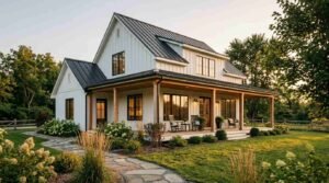 Modern farmhouse exterior with white board-and-batten siding, a dark metal standing-seam roof, a covered wooden front porch with rocking chairs, and a stone walkway surrounded by lush landscaping.