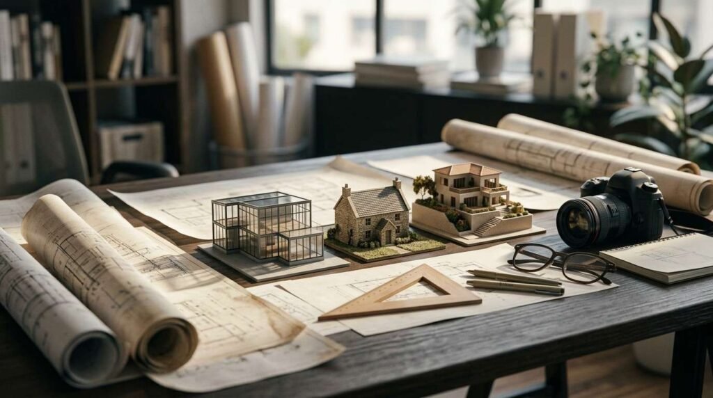 Miniature architectural models of modern and traditional homes arranged on a wooden desk alongside rolled blueprints, a camera, drafting tools, and glasses in an architect's studio.