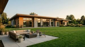 Modern single-story home exterior with warm wood siding, stone pillar accents, expansive windows, and a concrete patio featuring an outdoor sectional sofa and a fire pit overlooking a large green lawn.