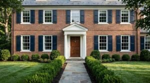Classic two-story colonial style home facade featuring red brick exterior walls, dark blue window shutters, a symmetrical window arrangement, and a prominent white columned portico over a wooden front door.