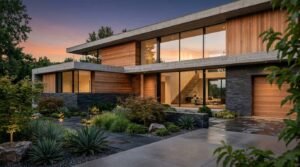 Contemporary two-story luxury home featuring floor-to-ceiling glass walls, warm wood siding, stone accents, concrete overhangs, and a beautifully landscaped front yard during dusk.