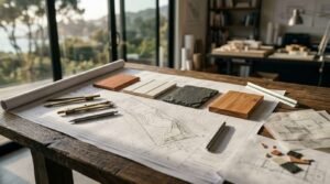 Architectural blueprints, drafting compasses, a pen, and various building material samples including brick, siding, stone, and wood resting on a wooden desk inside a studio overlooking a landscape.