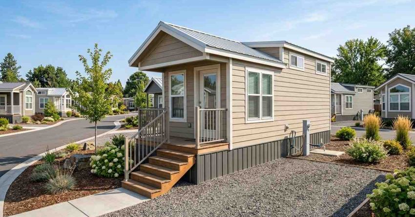 Park model home in a planned resort-style community featuring a covered front porch, landscaped surroundings, utility hookups, and neighboring compact homes along a paved private road, illustrating a small-footprint residential living environment.
