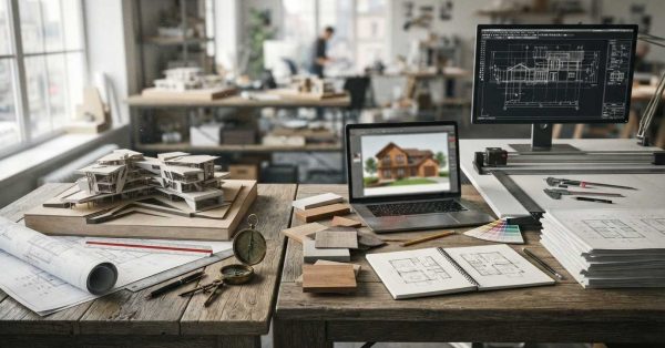 Architectural workspace with house models, digital building plans, material samples, blueprints, and design tools comparing architects, home designers, and drafting professionals.