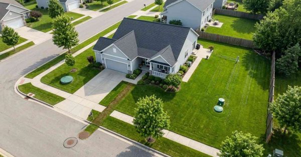 Aerial view of suburban home with visible utility access points and large backyard