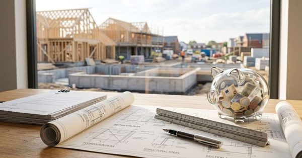Piggy bank, blueprints, and construction plans on a desk overlooking a residential building site.