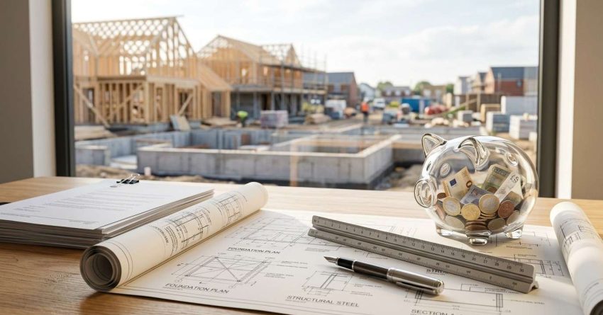 Piggy bank, blueprints, and construction plans on a desk overlooking a residential building site.