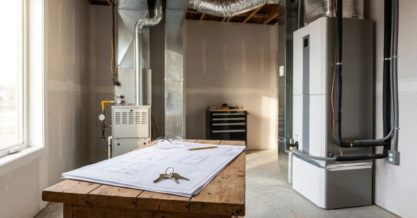 Residential HVAC installation with furnace, heat pump system, and home construction plans in a utility room.
