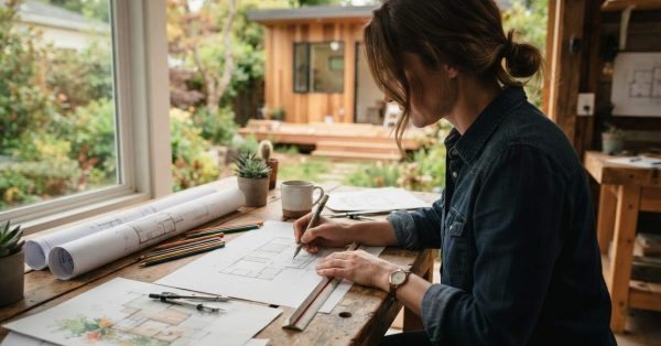 Designer sketching ADU floor plans at a workbench with architectural drawings, overlooking a modern backyard accessory dwelling unit surrounded by landscaped gardens.