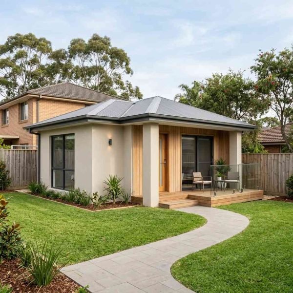 Modern granny flat with metal roof and landscaped yard