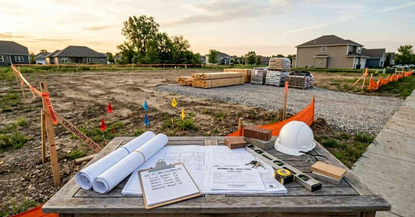 Construction site with building plans, permits, and tools on a planning table.