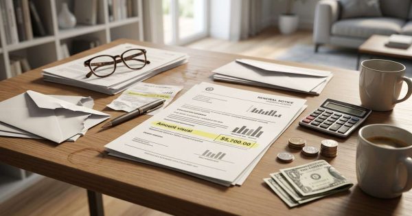 Homeowners insurance paperwork, bills, cash, and a calculator spread across a table for claim or expense review.