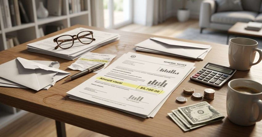 Homeowners insurance paperwork, bills, cash, and a calculator spread across a table for claim or expense review.