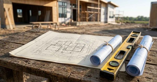 Blueprints and a level at a residential construction site.