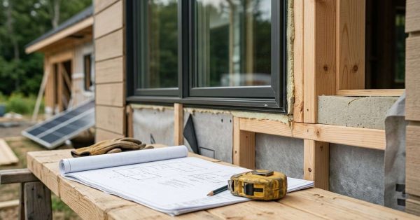 Energy-efficient home construction with insulation, blueprints, and measuring tools.