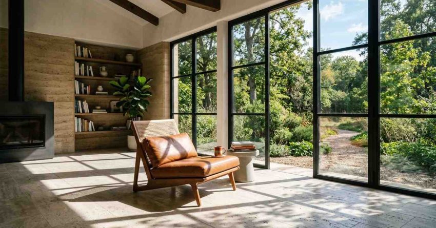 Bright living room with large windows for passive solar design.