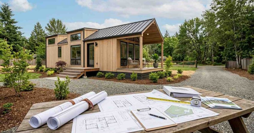 Modern tiny home with a covered front porch and landscaped yard, viewed from a site planning table covered with blueprints, measurements, and property documents.