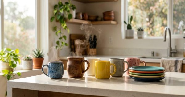 Six steaming coffee mugs and a stack of colorful plates arranged on a bright kitchen island with indoor plants and natural light.
