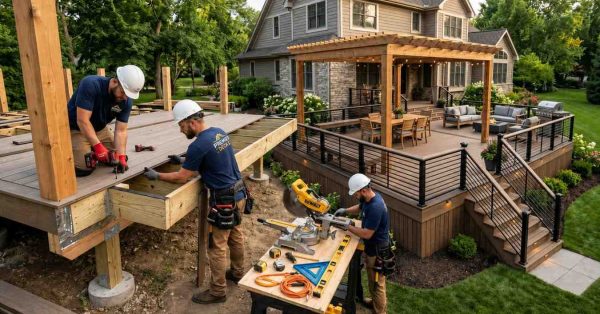 Professional contractors building a raised backyard deck with a pergola, railings, and outdoor living space at a residential home during construction.