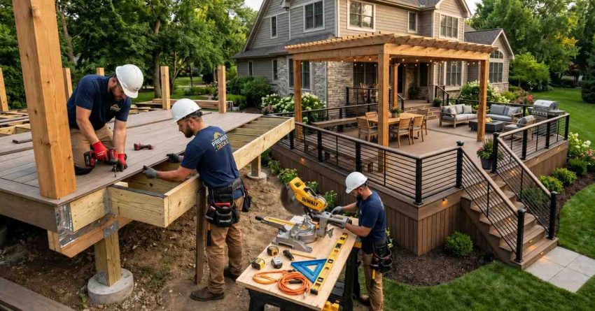 Professional contractors building a raised backyard deck with a pergola, railings, and outdoor living space at a residential home during construction.